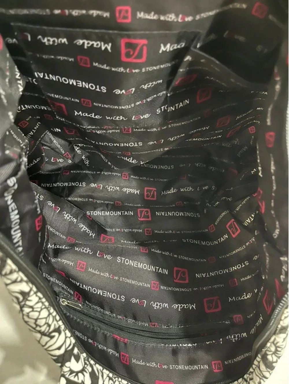 Stone Mountain, New York shoulder bag tote black white floral print canvas 17”